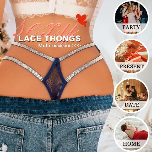 🆕Women’s Navy Blue Polyamide Glitter Strappy Lace Sexy Breathable Underwear - Picture 4 of 7